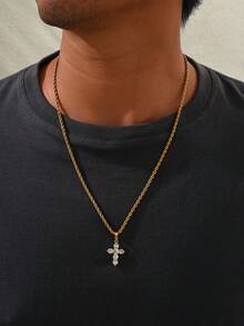 1 pieza Collar de cruz de circonita chapado en oro de 18K para hombres, joyería religiosa minimalista y exquisita, accesorio personalizado llamativo, adecuado para uso diario y ocasiones de hip-hop - Dorado - Ver 6