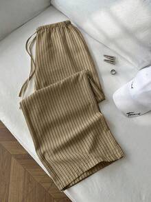 1 pieza Pantalones casuales azules para mujer, estilo relajado a rayas, tela de burbujas y arrugas, cintura elástica con cordón de súper baja cintura, pierna recta, pantalones casuales y románticos - Caqui - Ver 1