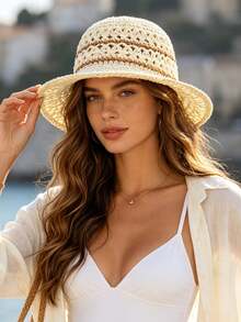 1pc Polyester Bohemian Straw Hat, Fashion New Brim Design, Breathable Outdoor Sun Protection Hat, Suitable For Daily Outdoor Use - Multicolor - View 5