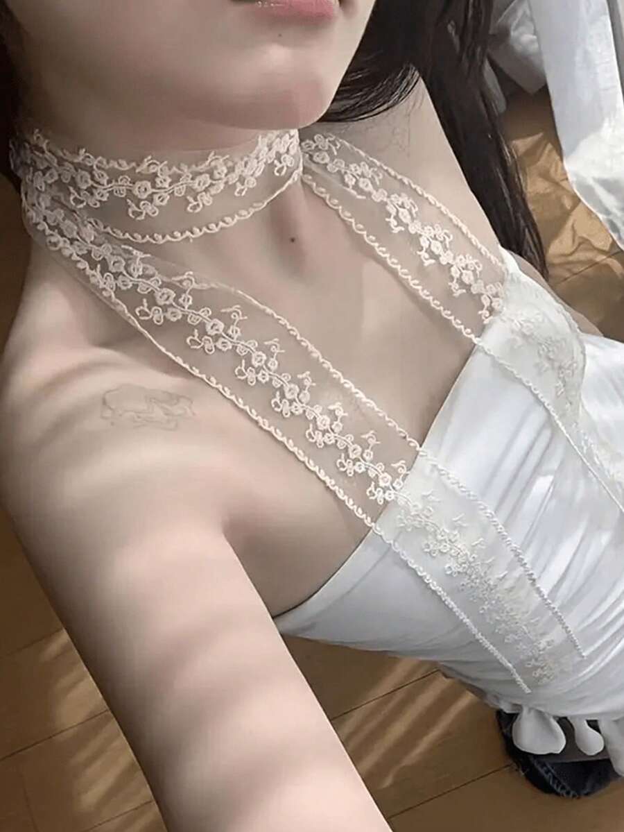 2条花卉刺绣蕾丝围巾 - 薄纱长款系带围巾,法式优雅女士颈巾,多功能装饰配饰,适合搭配连衣裙和各种服装,旅行必备,沙滩巾 - 彩色 - 查看 1