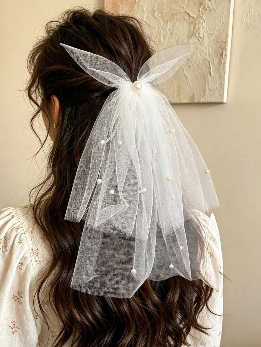 1件女用面紗髮夾,白色仿珍珠網格短面紗,新娘民事儀式與拍照頭飾,森林風輕盈婚禮配件,生日髮型裝飾,髮爪夾 - 白色 - 查看 1