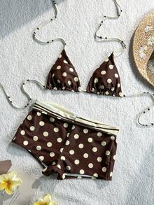 Women's Polka Dot & Striped Reversible Bikini Swimwear, Suitable For Dates, Afternoon Tea, Vacations, Music Festivals, Outings, Spring/Summer Beach - Brown - View 3