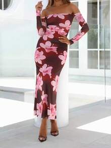 Vestido Nuevo Floral Contraste Color Hombro Descubierto Ajustado - Burdeos - Ver 2