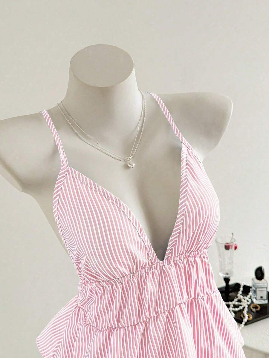 Striped Casual Backless Halter Top, Summer - 羅莎 - 查看 1