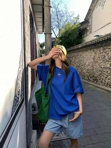Plain Blue Short-Sleeved T-Shirt, 100% Cotton, Women's, Vivid Color, Loose Fit, Domestic Shipping, 200g Pure Cotton T-Shirt, Y2K Top, Summer Clothing. - Blue - View 2