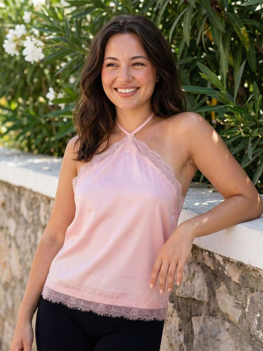 Womens Lace Trim Halter Tops Summer Fashionable Spaghetti Strap Open Back Satin Vest - Pink - View 1