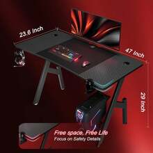47 Inch Gaming Desk, Large Computer Gaming Desk Table With Management, Ergonomic Carbon Fiber Gamer Table Pc Work Home Office Desks With Cup Holder & Headphone Hook & Mouse Pad, Black - 47 - INCH - View 5