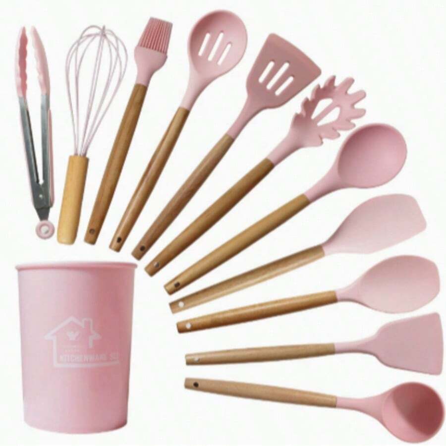 12-Piece Silicone Kitchen Utensil Set With Stand, Cooking Utensil Set, Heat-Resistant Kitchen Gadget Set With Wooden Handle, A Kitchen Essential. - Pink - View 1