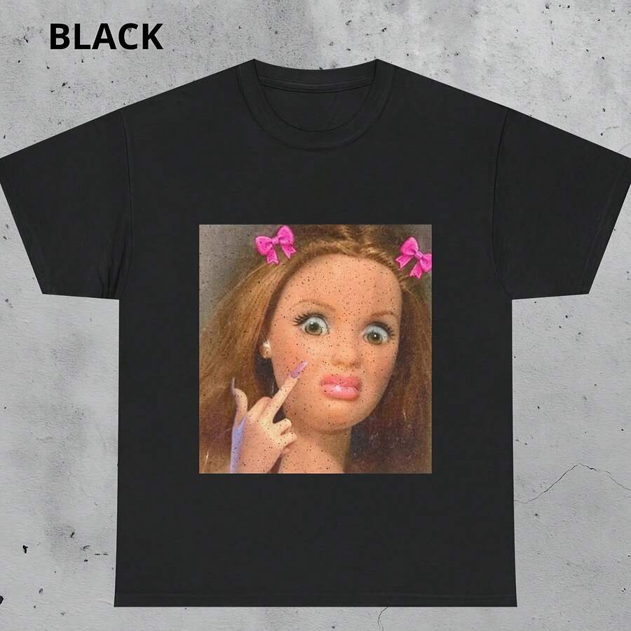 Funny Doll Meme Graphic T-Shirt, Sarcastic Humor Tee - 黑色 - 查看 1