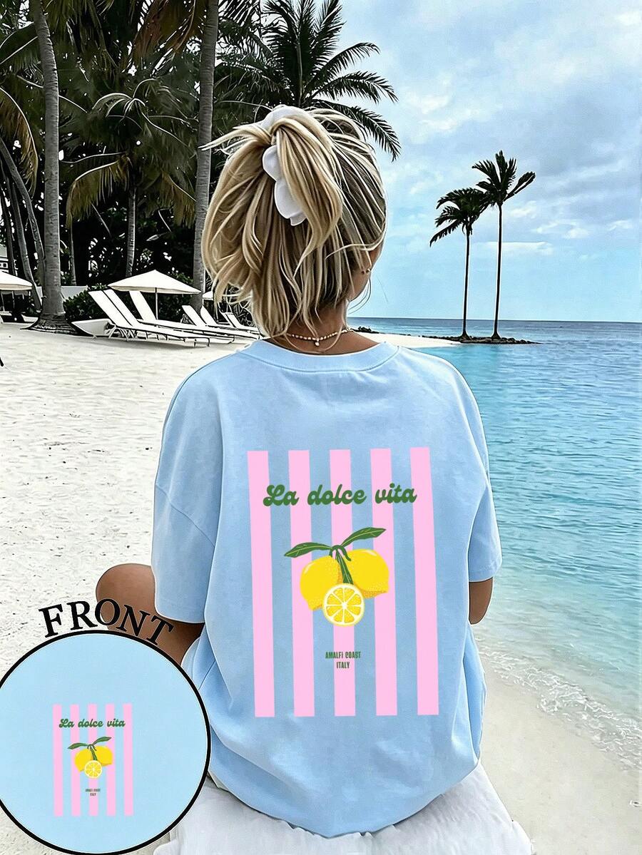 Tween Mädchen lässig Grafik Muster Rundhals Kurzarm T-Shirt, Sommer Top - Babyblau - Übersicht 1