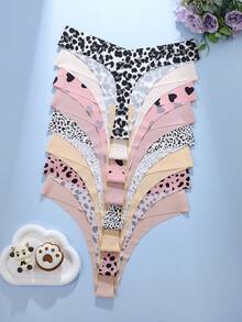8pcs/Pack Women Plus Size Thong Panties, Exquisite Print & Solid Color Seamless Comfortable Soft Fabric - Multicolor - View 2