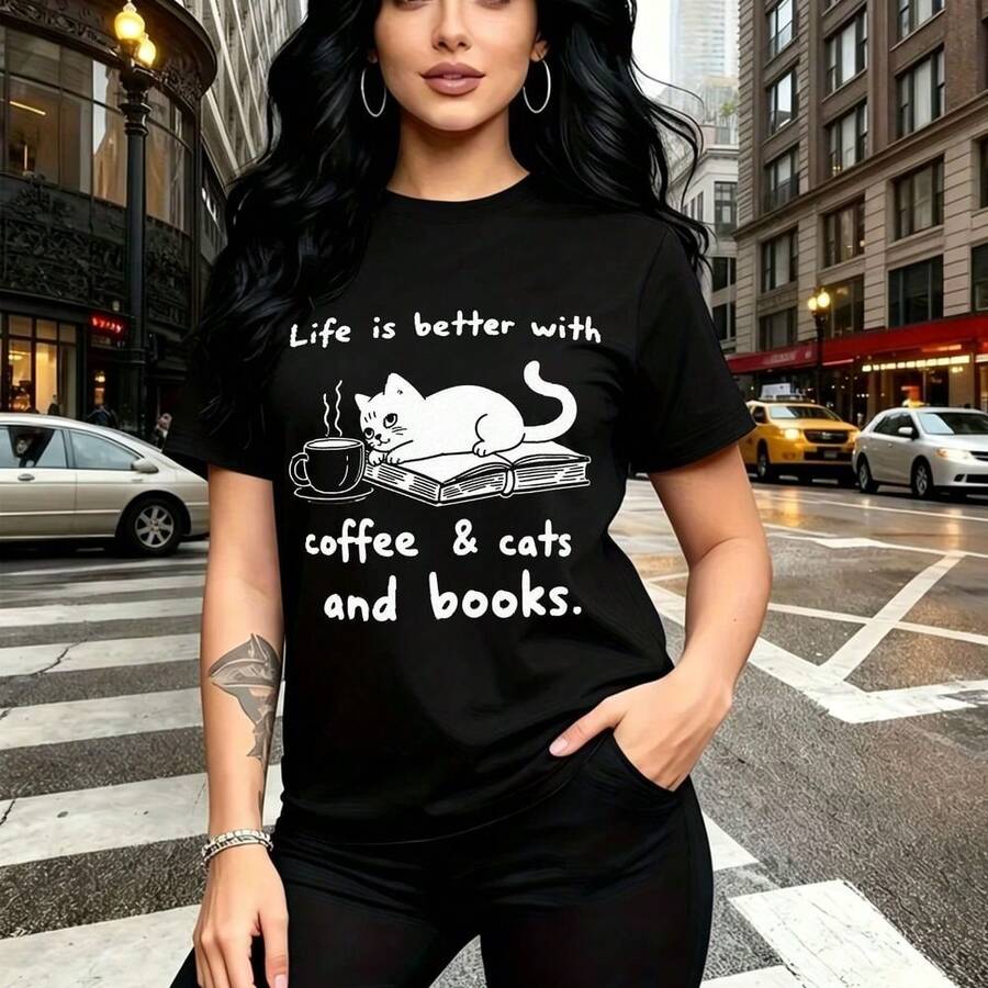 Camiseta de mujer con estampado de gato relajado sobre libro y taza de café humeante con frase "Life is better with coffee & cats and books" - camiseta casual de manga corta con cuello redondo, ajuste cómodo y estilo urbano ideal para pasear por la c - Negro - Ver 1