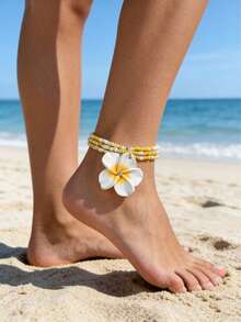 1件波希米亞夏季海洋風軟陶花朵鑲嵌仿水鑽與米珠多層腳鍊，海灘度假穿搭，女性夏季珠寶禮物 - 白色 - 查看 2