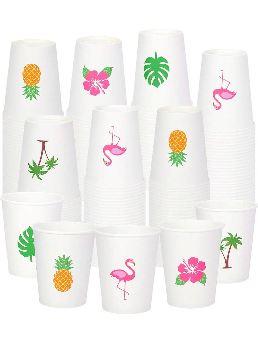 20/30pcs Hawaii Tropical Party Paper Cups, Disposable Cups With Flamingo, Pineapple, Hibiscus & Palm Tree Designs, Aloha Themed Drinkware For Luau, Pool & Summer Parties - View 1