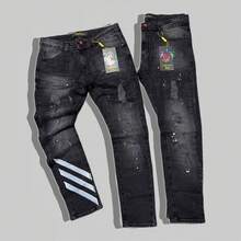 Men's City Denim Slim Fit Player Style Jeans, Black, Distressed With Rips And Paint Splatters – Slim Fit, Premium Thick Fabric - JO-04 - 查看 4