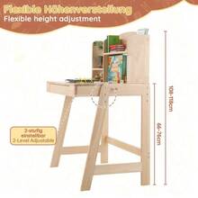 Children's Table, Children's Desk In Solid Wood, Height Adjustable, Natural Color, With Drawer, Storage Space And Hooks, Certified To Comply With Safety Standards, For Children From 6 Years Old. - 自然色 - 查看 9
