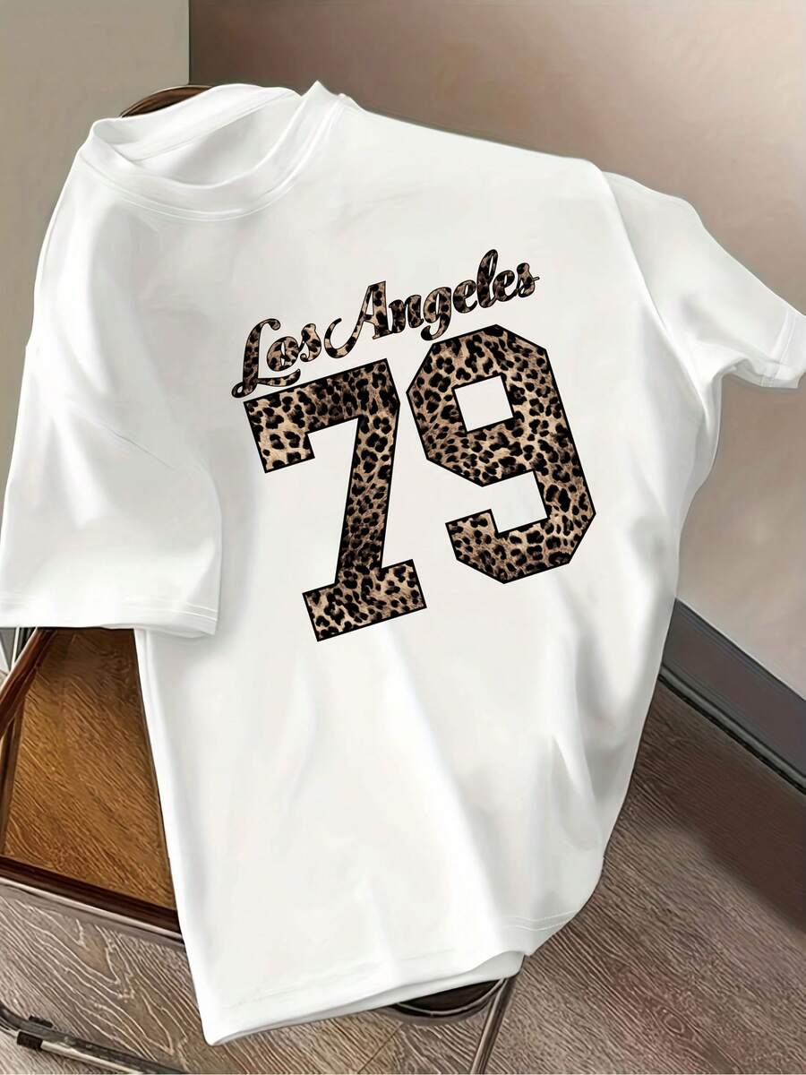 Sommar Toppar Dam  2026Leopard Print Number Women'S Casual Round Neck Spring Summer Fall Short Sleeve T-Shirt  Addio Al Nubilato - White - View 1
