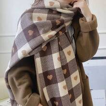 Cachecol Feminino Xadrez Corações Inverno Elegante Quente Macio Franjas Lenço Fashion Luxo - Castanho - Visão 9