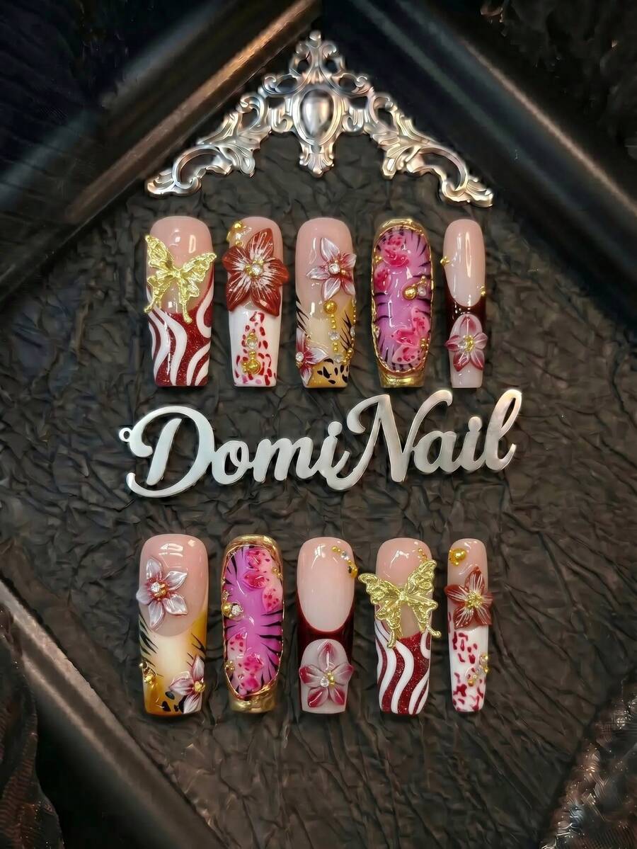 Handmade Press On Nails, 10Pcs 1.3inch Medium Square Acrylic Fake Nails, Luxury Floral & Butterfly Design With Gold Foil, Leopard Print & Rhinestone Accents, Reusable False Nails For Women, Elegant Nail Art - 彩色 - 查看 1
