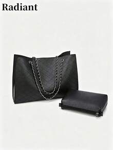 Rhombus Quilted Pattern Chain Handbag, Elegant Casual Multipurpose Women's Shoulder Bag, Suitable For Work Commute, School, Short Trips, Can Fit Laptop, Documents, Cosmetics, Etc. - Black - View 1