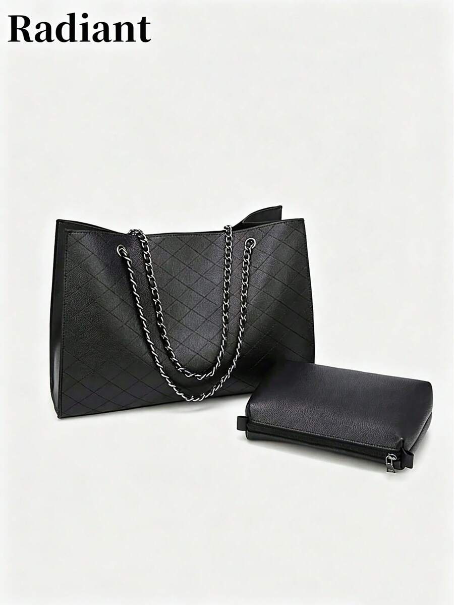 Rhombus Quilted Pattern Chain Handbag, Elegant Casual Multipurpose Women's Shoulder Bag, Suitable For Work Commute, School, Short Trips, Can Fit Laptop, Documents, Cosmetics, Etc. - Black - View 1