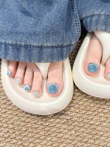 12pcs Handmade Summer Ocean Blue Toe Nails, Deep Sea Blue Mini Iceland Fake Toe Nails, Short Toe Nail Art, Valentine's Day Gift, Round Style Suitable For Spring And Summer, Removable And Reusable - Watermelon Pink - View 6