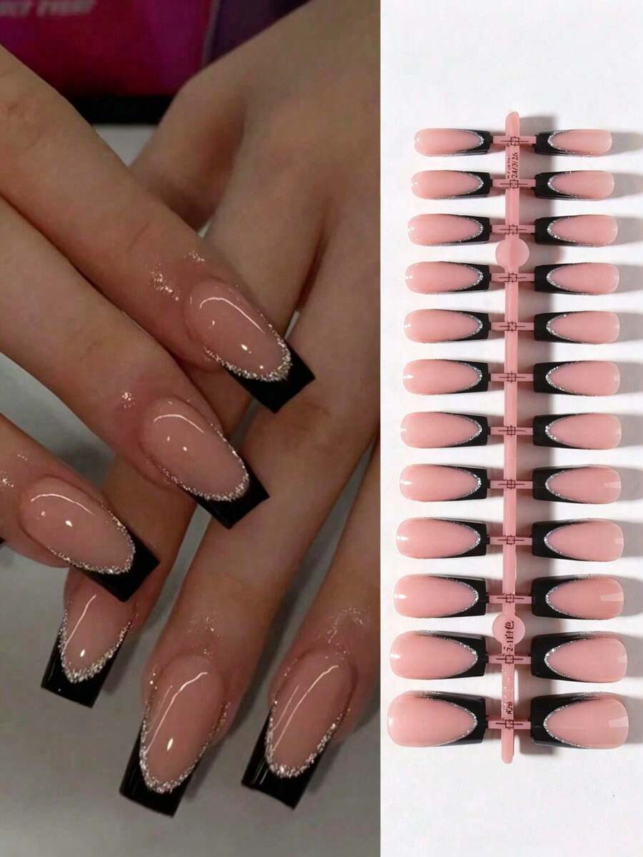 120pcs/5 Sets Long Square Black French Glitter Design Press-On Fake Nails, Perfectly Fitting Fake Nails, With 1 Jelly Glue And 1 Nail File, Black French Nails Suitable For Women's Parties, Proms, Daily Casual Wear