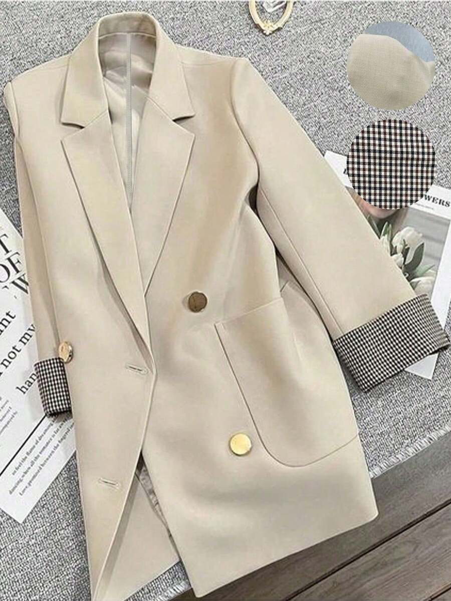 xheFranclia Blazer de verano con estilo francés a cuadros con ribete de mangas ajustado para el trabajo y ocasiones casualesxhe - Albaricoque - Ver 1