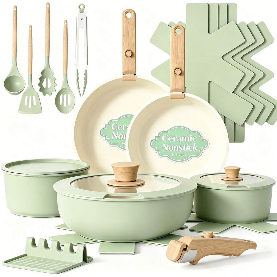 Kitchen 21 Pcs Pots And Pans Set, Nonstick Ceramic Cookware Set, Large Capacity, Induction Compatible, Frying Pans Saucepans, Sage Green - View 1