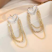 Cubic Zirconia Heart Multilayer Chain Tassel Earrings, Handmade Luxury, Versatile Gift & Daily Wear Earrings - Gold - View 3