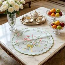 Seasonal Multi-Color Wavy Edge Round Floral Embroidered Placemat, Coaster, Napkin For Home Gatherings, Dining Table, Coffee Table Decor - Beige - View 4