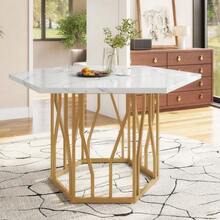 Modern Hexagonal Coffee Table In Marble, Base In Metal Branches, With A Clean Design, Ideal For The Dining Room And Living Room, Gold Color. - Gold - View 2