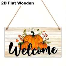 2D Printed Wooden Hanging Plaque, 1pc, Autumn Pumpkin Theme Entryway Decor, Suitable For Outdoor Home Decor, Welcome Sign Wall Hanging, 2D Flat Design - Multicolor - View 6