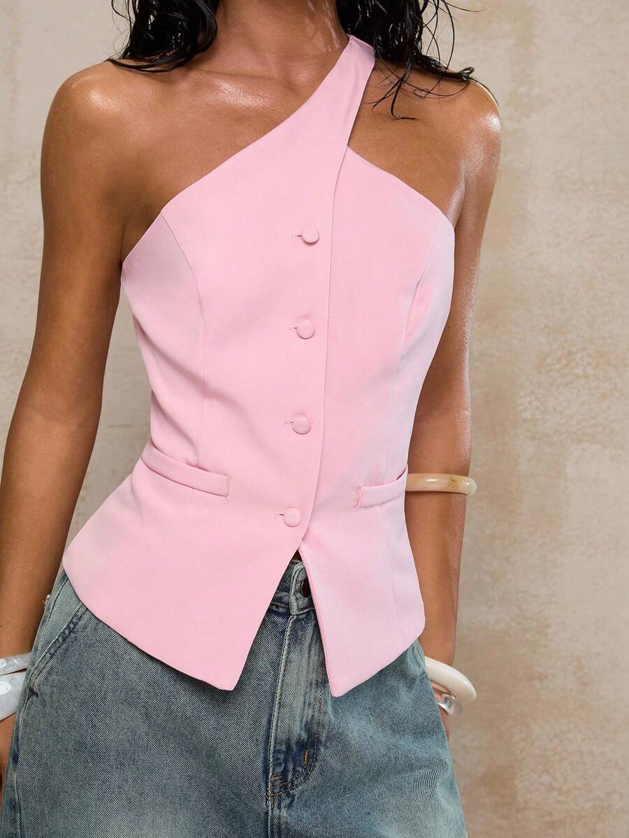 sin mangas para mujer, de moda y versátil, top de un hombro de verano en color rosa para mujer, top de una manga en rosa bebé - Rosa - Ver 1