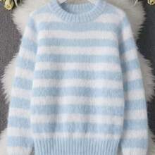 Elegant Striped Crew Neck Knit Sweater, Versatile For Home, Office And Outings Fall - Mint Blue - View 1