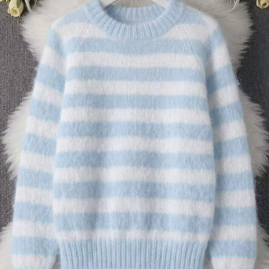 Elegant Striped Crew Neck Knit Sweater, Versatile For Home, Office And Outings Fall - Mint Blue - View 1