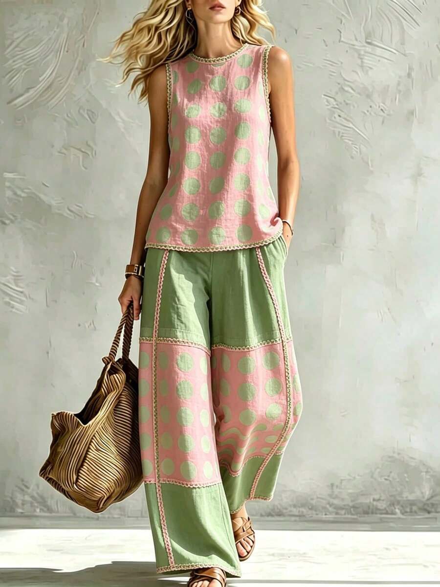 A Women's Fresh Pastoral Style Pink And Green Color Block Polka Dot Women's Vest Straight-Leg Pants Set - 彩色 - 查看 1