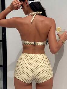 2026 Summer New Fashion Polka Dot Print Halter Tie Bikini 4-Piece Set For Beach Party Vacation - Multicolor - View 5