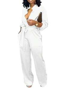Jumpsuits Women Formal Elegant Long Straight Pants Busineess Party Jumpsuit With Belt Pockets - 白色 - 查看 7