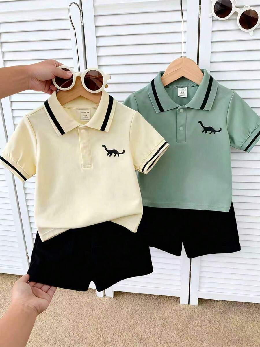 4件套夏季新款男童POLO领休闲运动恐龙印花短袖上衣和短裤套装,多色 - 薄荷綠 - 查看 1