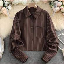 WNS Camisa de mujer de manga larga a rayas, de solapa y abotonada, de uso versátil y casual para primavera - Café integral - Ver 1