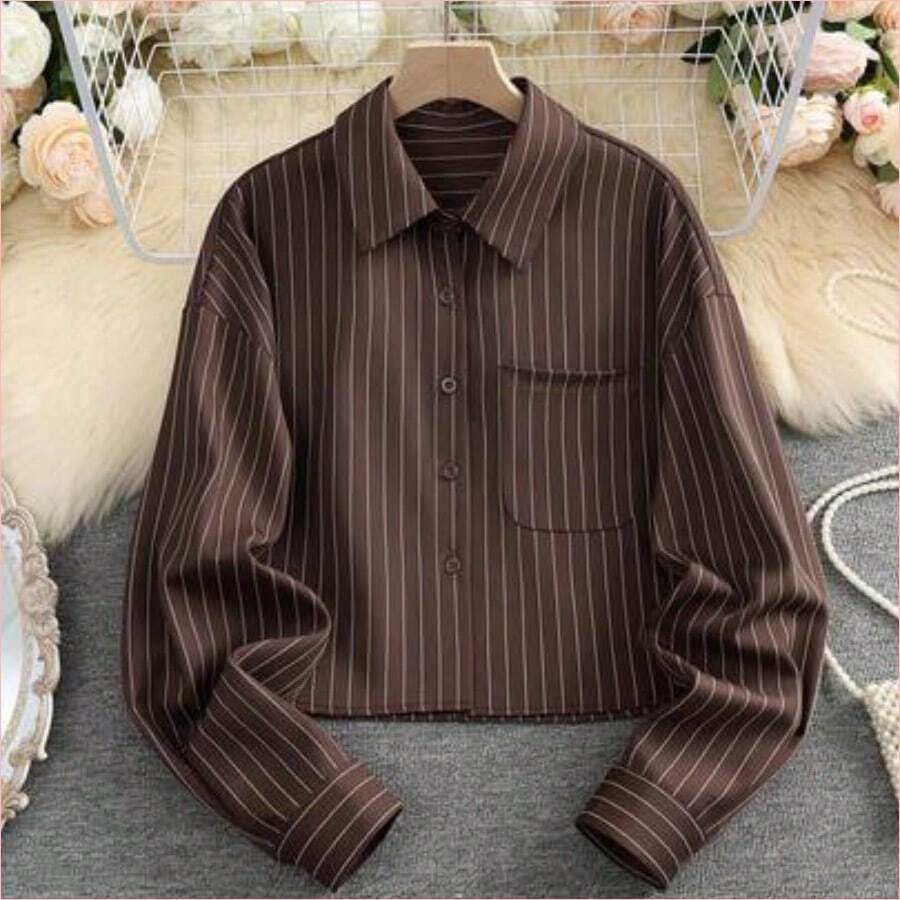 WNS Camisa de mujer de manga larga a rayas, de solapa y abotonada, de uso versátil y casual para primavera - Café integral - Ver 1