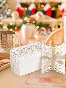 10pcs/Set Gold & Silver Foil Floral Pattern Gift Boxes, Ribbon Bow Decor Wedding Pillow Boxes, Birthday Party Packaging Boxes - 10pcs - View 5