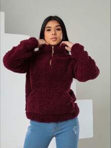 Plush Women's Teddy Jacket - Burgundy - View 1