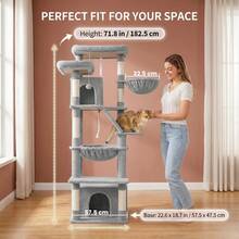 HaluPeit Arbre à chat XL de 185,5 cm de haut, avec deux plateformes d'observation et deux niches ombragées, structure renforcée et stable, idéal pour les chats Maine Coon et convient également à plusieurs chats, gris clair. - Gris pâle - Voir 6