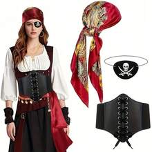 3pcs Women's Pirate Costume Accessory Set, Includes Headscarf, Belt, Eyepatch, Suitable For Party, Halloween Role Play Pirate Costume Props - Multicolor - View 3
