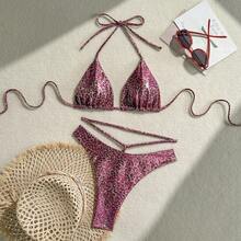2026 New Shiny Sexy Leopard Print Drawstring Tie Two-Piece Swimsuit Bikini - 深粉紅 - 查看 8