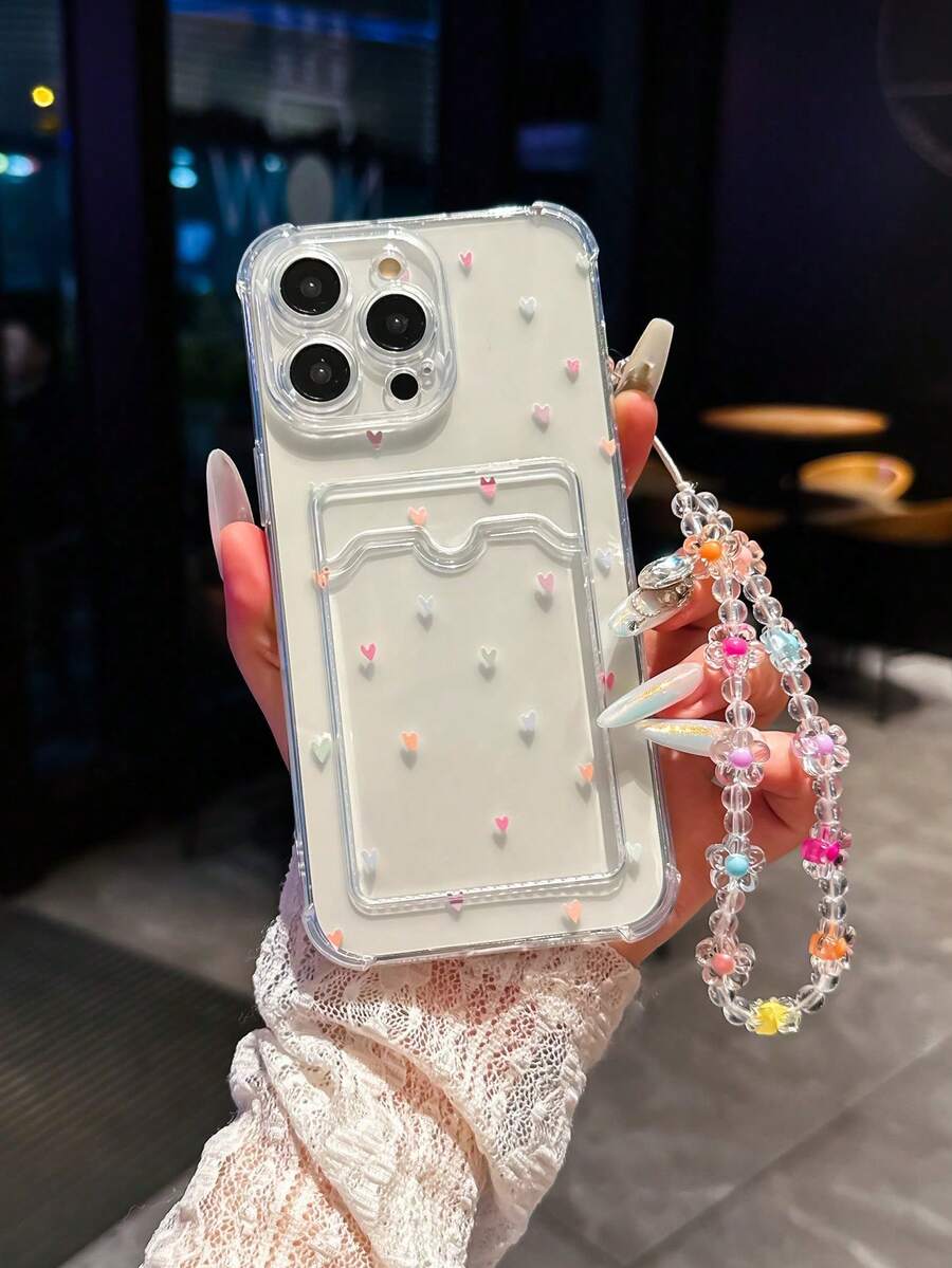 1 Piece Fashion Phone Case Does Not Include Lanyard Or Stand. Heart-Shaped Shockproof Card Holder Phone Case Colorful Heart-Shaped Card Holder Anti-Drop Phone Case Comes With Beaded Wrist Strap Neck Lanyard Compatible With Apple 14 Professional Max, 13, 15, 12/12 Professional 11, 15 Professional Max, 16 Y Series Feminine Design Waterproof Shockproof Scratch Resistant Spring Birthday Gift - 白色 - 查看 1