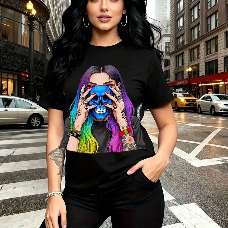 Camiseta de mujer con estampado gráfico de chica con cabello arcoíris y calavera azul revelada - diseño urbano alternativo con manga corta, ajuste cómodo para uso diario - ideal para paseos por la ciudad, eventos artísticos y regalo perfecto para mam - Negro - Ver 1