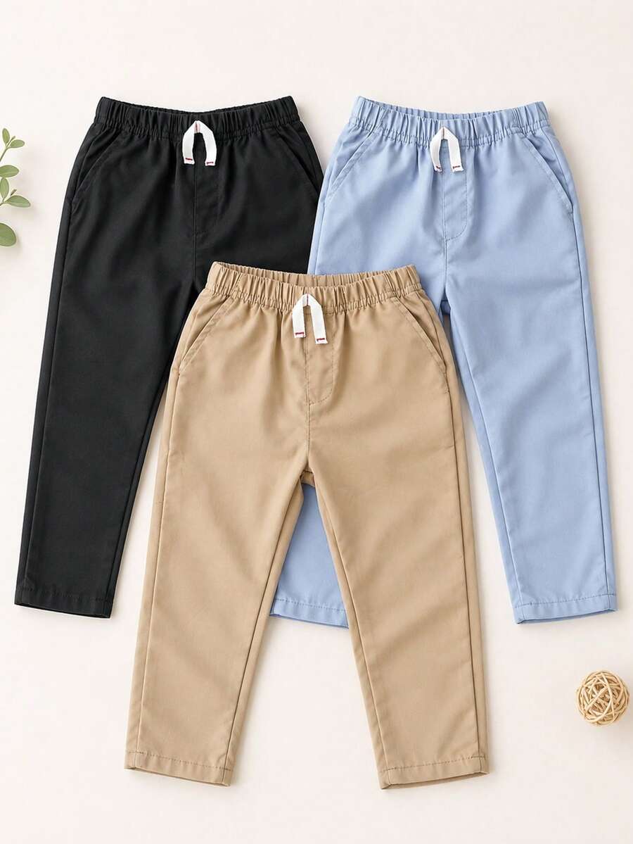 Conjunto de 3 pantalones largos casuales con bolsillos y cordón para niños, de unicolor delgado y de estilo versátil, adecuados para uso diario, escuela y viajes - Multicolor - Ver 1